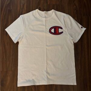 Champion White T-Shirt with Red & Blue Patch Logo